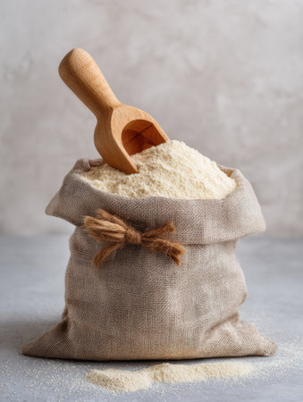 Burlap sack filled with dry mix and a wooden measuring scoop positioned neatly against a clean background, ideal for culinary use in kitchens.の素材