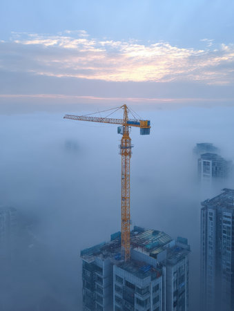 Crane towering above buildings enveloped in thick fog during early morning. Soft light breaks through, casting a serene atmosphere in the city.の素材
