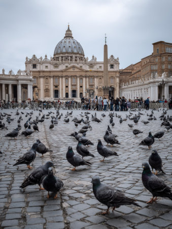 Visitors explore Vatican Plaza while flocks of pigeons roam the cobblestone area against the backdrop of the stunning architecture on a cloudy day.の素材