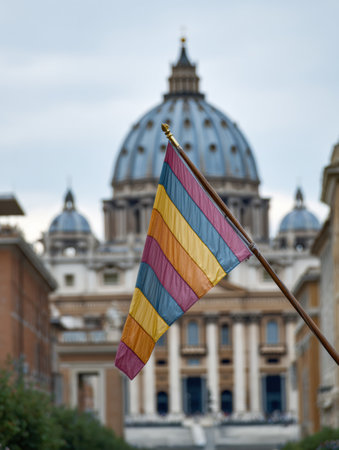 A colorful papal flag flutters in the breeze with St. Peters Basilica softly blurred in the background, capturing a tranquil moment in Vatican City.の素材