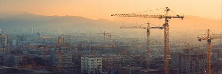Building cranes dominate the skyline as construction progresses across urban blocks at sunset, casting shadows over the bustling city below.の素材
