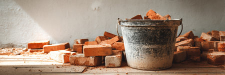 A construction floor is cluttered with a pile of bricks and a metal bucket filled with mortar, indicating ongoing renovation work in the area.の素材