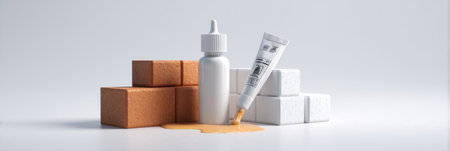 Foam bricks and tube of sealant are arranged on a white surface, emphasizing simplicity and modern design for construction or DIY purposes.の素材