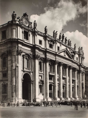 St Peters Basilica facade is prominently displayed in monochrome, highlighting architectural details while visitors gather below on a bright day.の素材