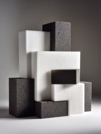 A structured composition features foam polyurethane blocks in varying shapes and sizes, blending white and dark hues against a neutral background.の素材