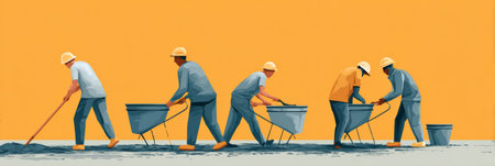Group of workers pouring cement and using tools in a flat design style, highlighting construction labor in a clean and organized settingの素材