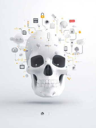 Poster design illustrates digital healthcare concepts with a central skull and surrounding icons representing medicine and security in a white background.の素材