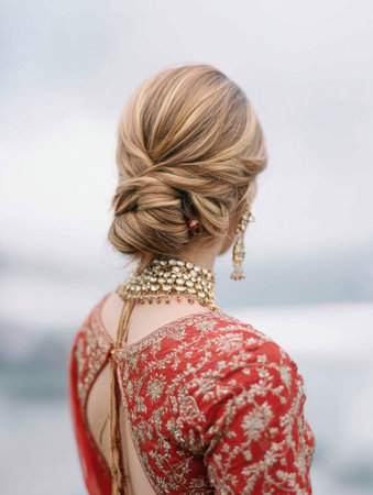 Brides sophisticated hairstyle features sindoor, capturing a moment of beauty and tradition amidst a soft, blurred sky at an outdoor celebration.の素材