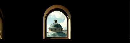Soft light filters through an arched window, revealing a stunning dome outside. The architectural details blend beautifully with the sky.の素材