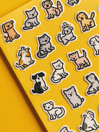 Cute pet stickers showcase various adorable animals on a bright yellow background, ideal for adding charm to stationery or crafts.の素材