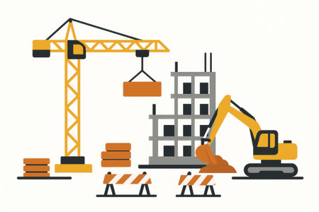 A crane lifts heavy materials while an excavator moves earth at a construction site, showcasing active building progress under clear skies.の素材