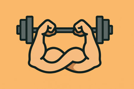 Muscular arms grip a barbell, emphasizing strength and fitness in a bold and vibrant design on an orange backdrop, showing determination and power.の素材