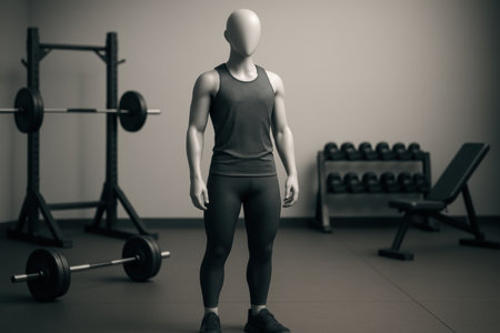 Sporty mannequin showcases fitness apparel in a modern gym, surrounded by weights and equipment, emphasizing an active lifestyle.の素材