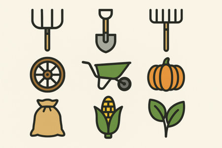 Various farming tools and agricultural symbols arranged in a grid, showcasing items like a pitchfork, shovel, wheelbarrow, pumpkin, and corn.の素材