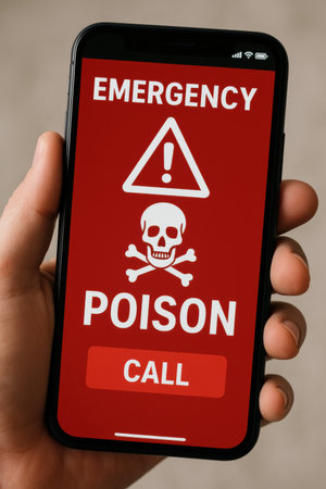 A hand holds a smartphone showing an emergency poison alert with a warning symbol, indicating an urgent need to call for help immediately.の素材