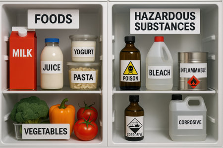 A refrigerator is divided into sections for storing safe foods on one side and hazardous substances on the other, ensuring safety and organization.の素材
