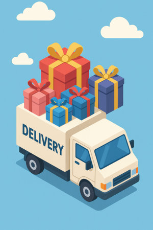 A delivery truck transports multiple vibrant gift boxes located under a clear blue sky with fluffy clouds, highlighting the joy of gift-giving.の素材
