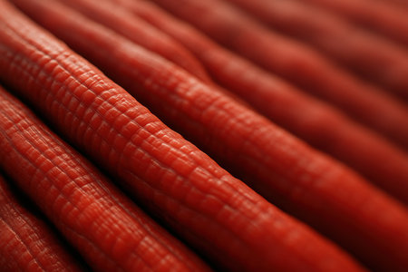 Fresh red chili peppers form a vibrant, textured display in a market.の素材