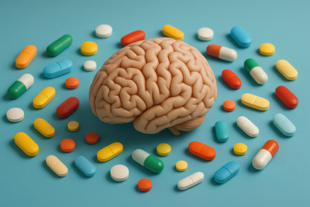 A brain model is at the center, surrounded by colorful pills on a blue surface, symbolizing mental health treatments.の素材