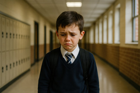 A young boy wearing a school uniform stands in a hallway, looking upset and alone, with lockers lining the walls and natural light through the windows.の素材