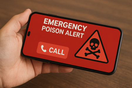 A person holds a smartphone showing a red emergency poison alert screen with a call button and hazard symbol. Urgency in response is clear.の素材