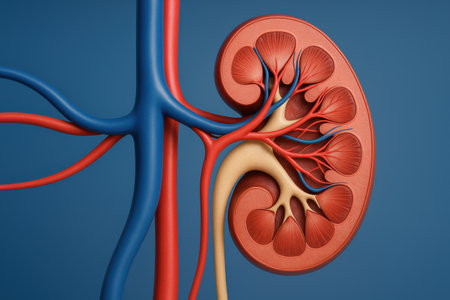 Visual representation highlights the intricate structure of a human kidney along with its surrounding vascular connections, set against a blue background.の素材