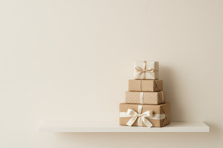 Stack of beautifully wrapped gifts with cream ribbons displayed on a sleek white shelf against a soft beige wall, creating a cozy and festive atmosphere.の素材