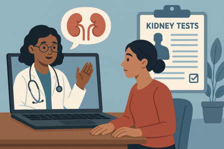 A healthcare professional discusses kidney tests with a patient during a telehealth appointment in a cozy home office setting.の素材