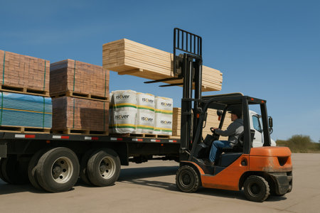 A forklift lifts wooden planks and building materials from a delivery truck under a clear blue sky at a construction site during daytime.の素材