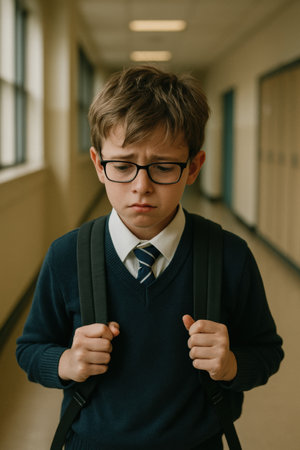 A boy with glasses appears anxious while standing alone in a school corridor, wearing a school uniform and carrying a backpack.の素材