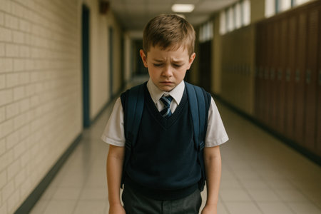 A young boy dressed in a formal school uniform with a backpack walks down an empty corridor, appearing sad and lost in thought amid lockers.の素材