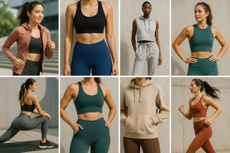 Group of diverse women display stylish activewear while engaging in fitness poses under natural light in a contemporary urban setting, highlighting trendsの素材