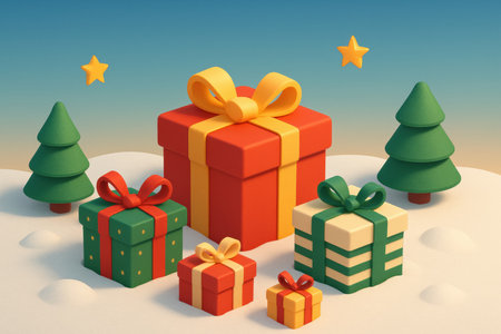 Vibrant presents in various sizes are nestled in soft snow, surrounded by Christmas trees and twinkling stars in the evening sky.の素材