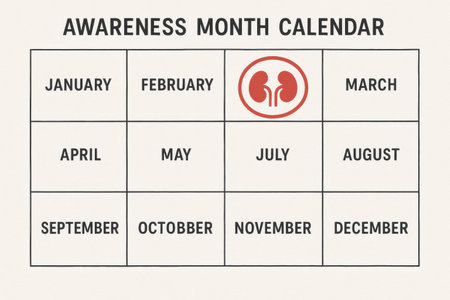 Calendar outlines monthly health awareness initiatives, emphasizing kidney health awareness in July with a simple graphic design.の素材