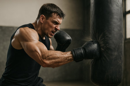 A man wearing boxing gloves engages in vigorous training, striking a punching bag with focus and determination in a gym setting.の素材