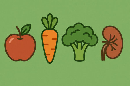 Colorful illustration showcases nutritious food items including an apple, carrot, broccoli, and kidney bean, emphasizing healthy eating and wellness.の素材