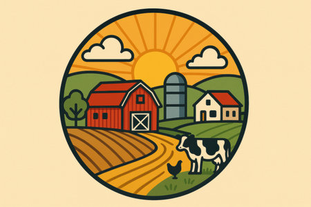 Green hills surround a red barn and silo with a cow and chicken in the foreground, illuminated by a bright sunset, highlighting a peaceful rural lifestyle.の素材