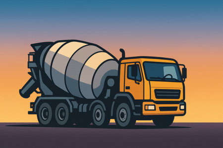Concrete mixer truck is parked under a colorful sunset, highlighting its design while preparing for the next construction task at the worksite.の素材