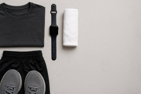 Athletic clothing, a fitness tracker, and a towellly placed on a gray background, ready for a workout routine or training session.の素材