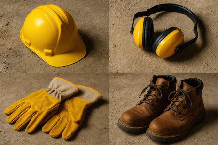 Hard hat, gloves, ear protection, and boots arranged neatly on a hard surface, emphasizing safety measures in construction and industrial environments.の素材