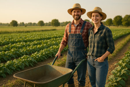 Two farmers, wearing straw hats and work attire, stand proudly beside a wheelbarrow in vibrant green fields, showing their dedication to agriculture.の素材