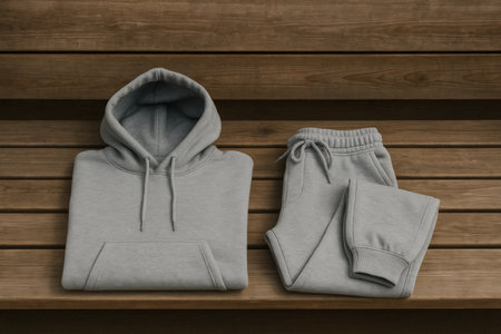 Gray hoodie sits alongside matching sweatpants on a wooden surface, showcasing a cozy outfit ideal for lounging or casual outings in a relaxed setting.の素材