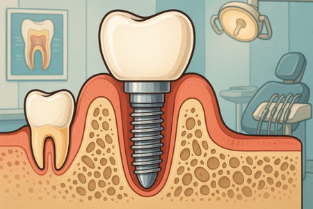 A detailed depiction of a dental implant placement, showing a metal screw inserted into the jawbone and a healthy tooth in a dental clinic environment.の素材