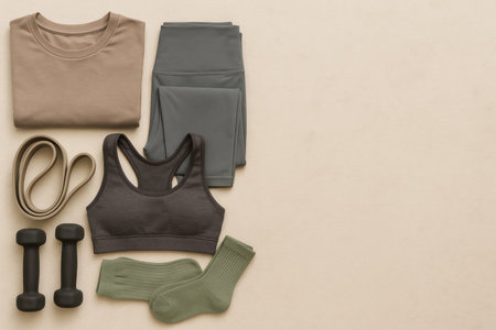 Casual workout clothing and accessories are neatly arranged on a light background, featuring a sports bra, leggings, weights, and more.の素材