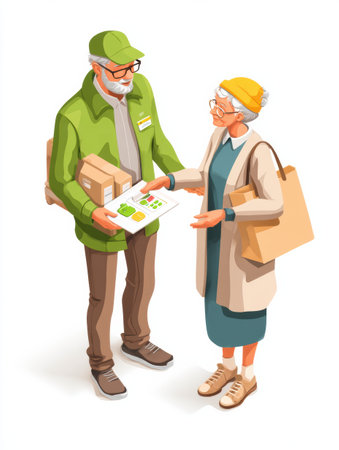 An elderly individual happily interacts with a courier delivering medications and paperwork, showing the convenience of home healthcare services.の素材