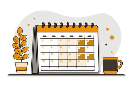 Calendar displaying caffeine-free days prominently, featuring a plant and a mug in the background, designed in a clean and modern style.の素材