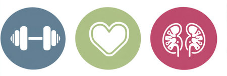 This graphic features three icons a dumbbell for fitness, a heart for health, and a kidney for organ awareness, aimed at promoting a healthy lifestyle.の素材