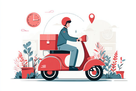 A delivery rider on a scooter travels through urban scenery, symbolizing the process of order fulfillment. The image depicts stages from order to arrival.の素材