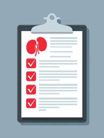 Detailed medical checklist outlines kidney health criteria, utilizing a kidney symbol at the top for easy recognition and organization of important information.の素材