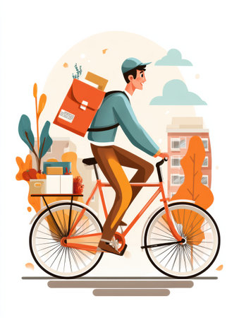 A courier on a bicycle is delivering groceries in a vibrant urban environment, surrounded by trees and modern buildings during the day.の素材